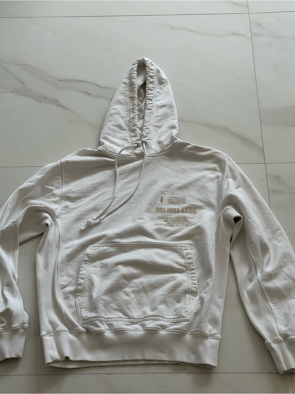 Helmut Lang White hoodie with Beige Logo and Red Accent